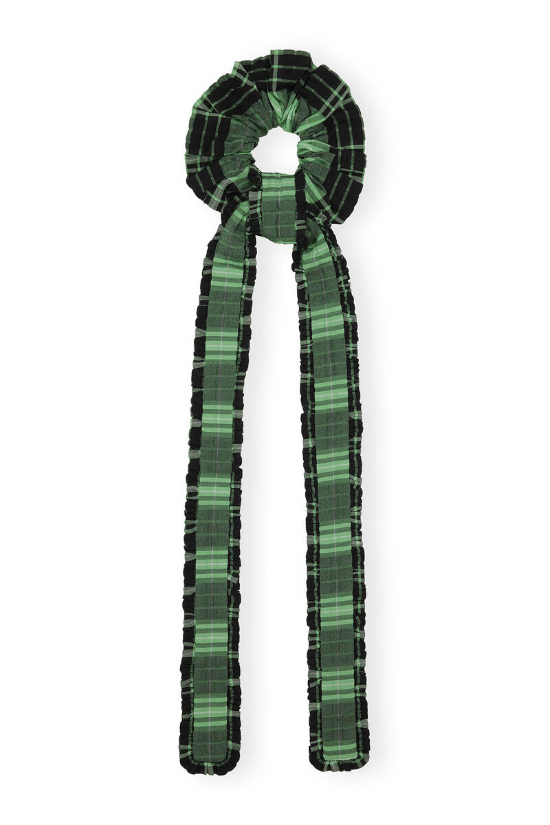 Green Seersucker Check Frill Bow Scrunchie, Cotton, in colour Peapod - 2 - GANNI